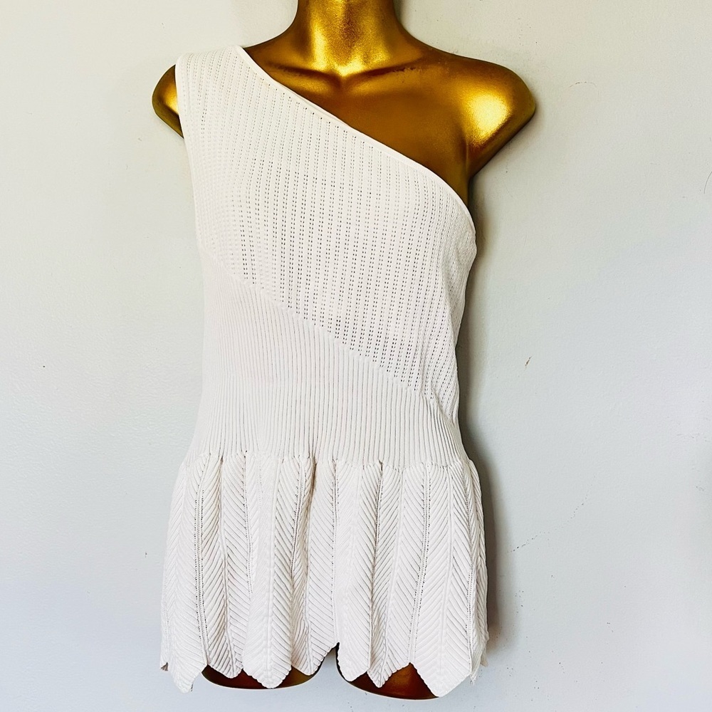 White Crochet One Shoulder Top Scallop Trim Coastal resortwear euro summer - Picture 3 of 7